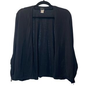 Chicos Cardigan Women’s 2 Large Black 3/4 Ruched Sleeve Crop Semi Sheer Sweater